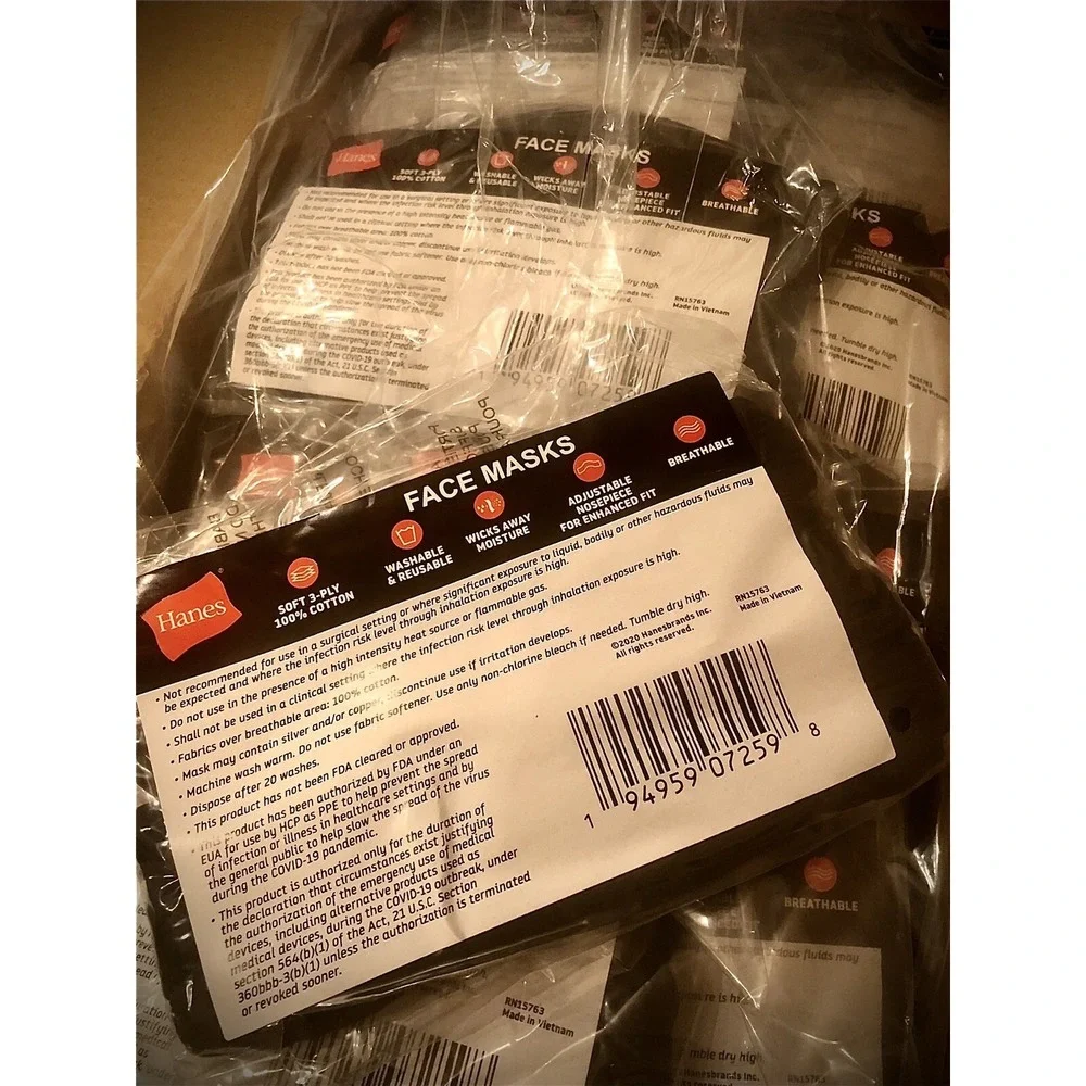 500 Pcs Hanes Reusable Black Face cover Mask Washable soft 3-ply 100% Cotton